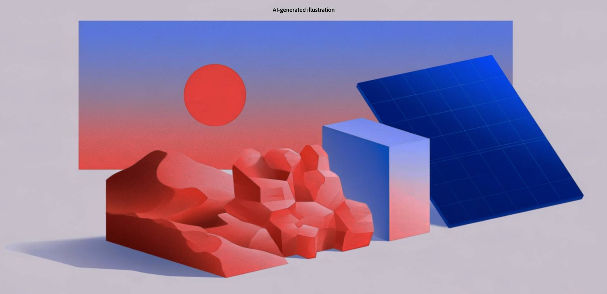 Geometric red and blue illustration of a desert landscape at sunset, with dunes, rocks, a block and a solar panel.