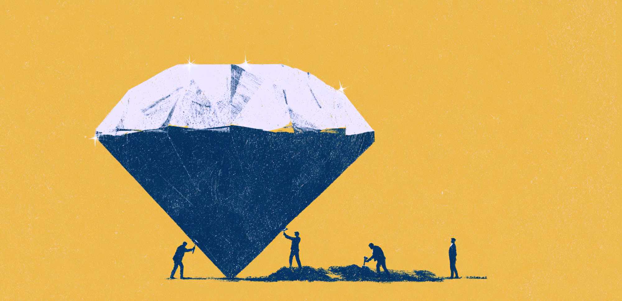 Ilustración de un gran diamante azul y blanco sostenido sobre su punta mientras varias personas trabajan a su alrededor excavando y apuntalándolo, con otra persona observando al lado sobre un fondo amarillo.