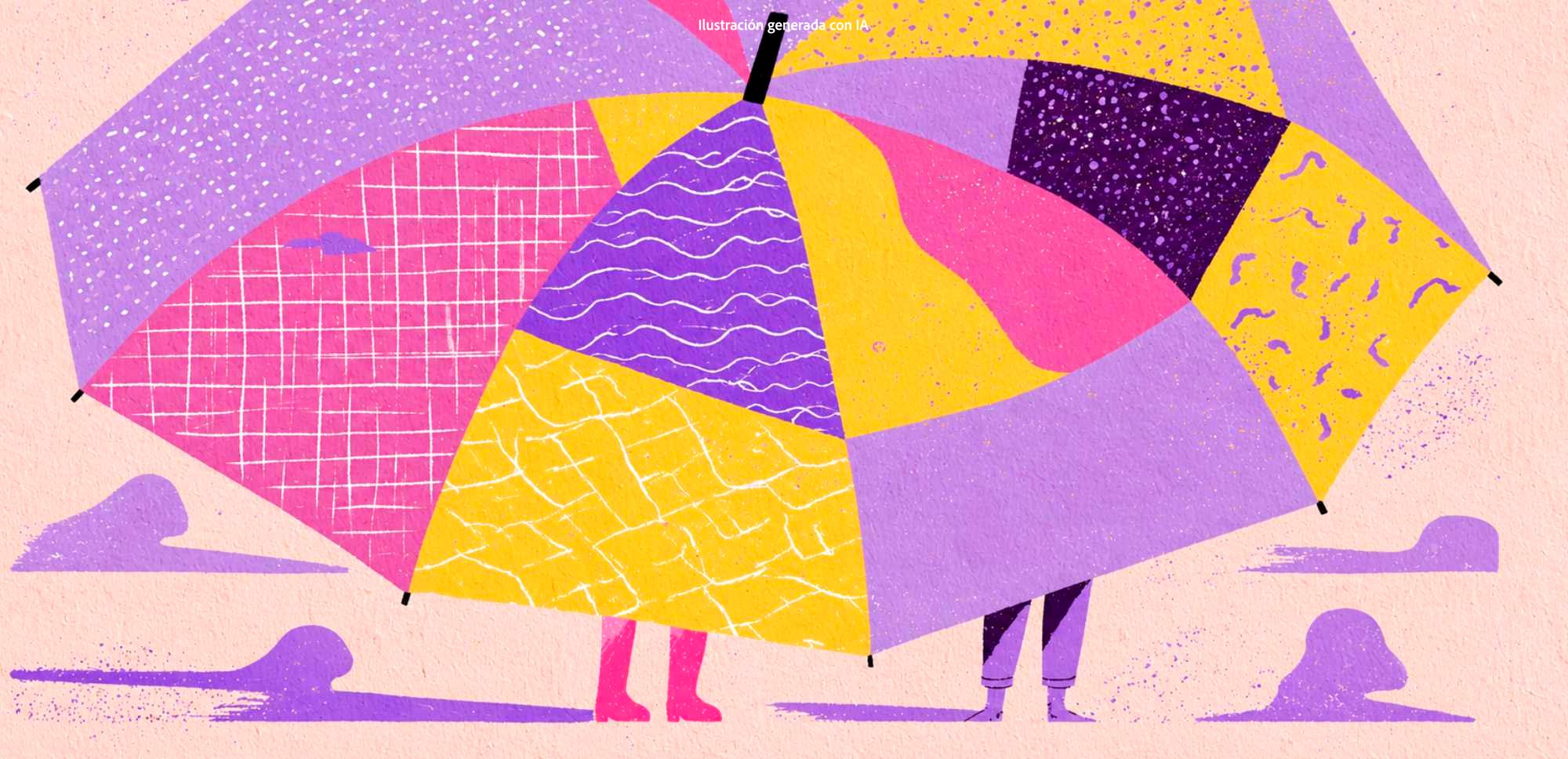 Ilustración editorial de estilo gráfico y colores vibrantes en la que dos personas quedan parcialmente ocultas detrás de un gran paraguas multicolor. El paraguas presenta secciones en tonos morados, rosas y amarillos con diferentes texturas y patrones. Solo se ven las piernas de las personas y sus sombras proyectadas sobre un fondo rosa claro.