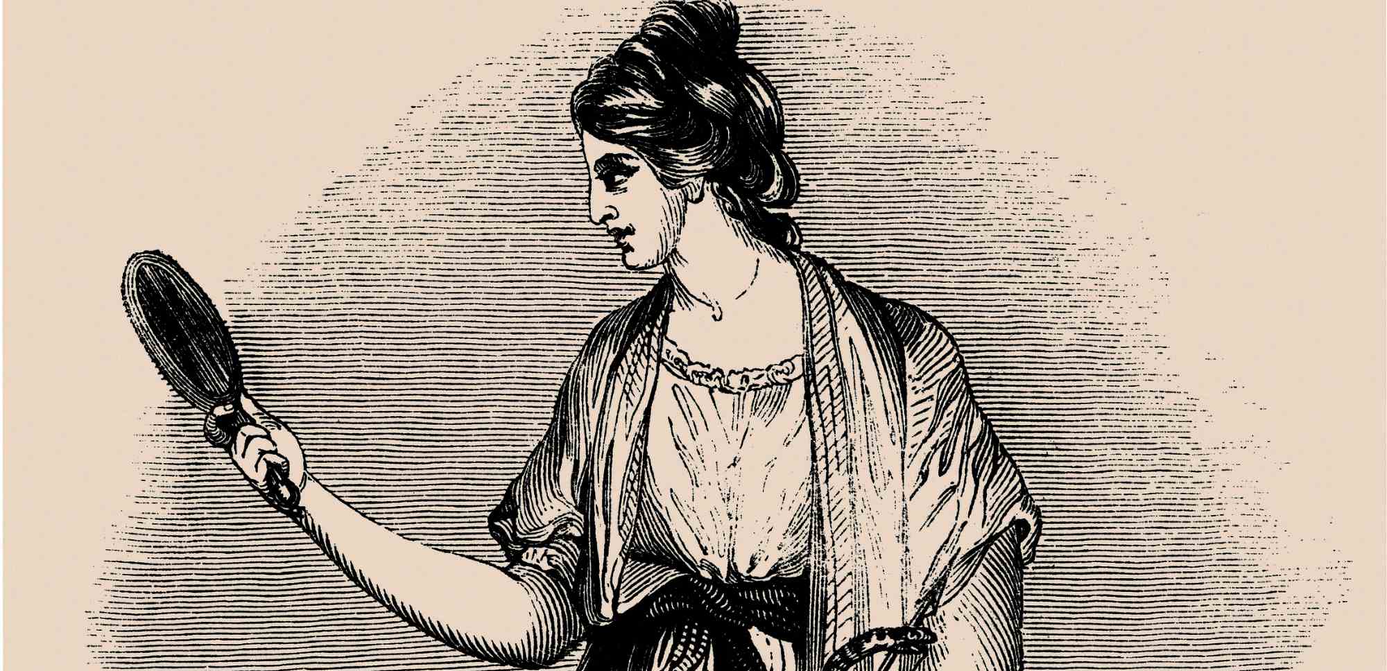 Grabado antiguo en blanco y negro de una mujer de perfil sosteniendo un espejo de mano y mirando su reflejo.