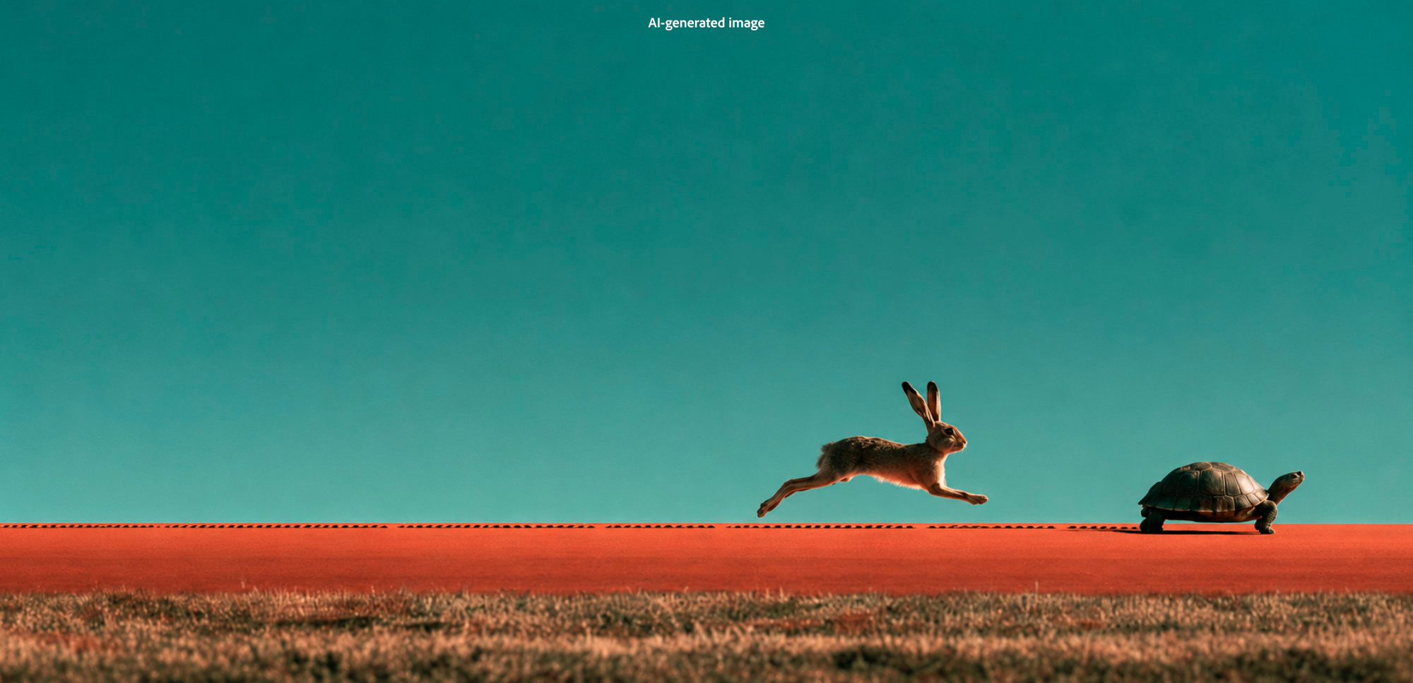 A hare is chasing a tortoise across a field.