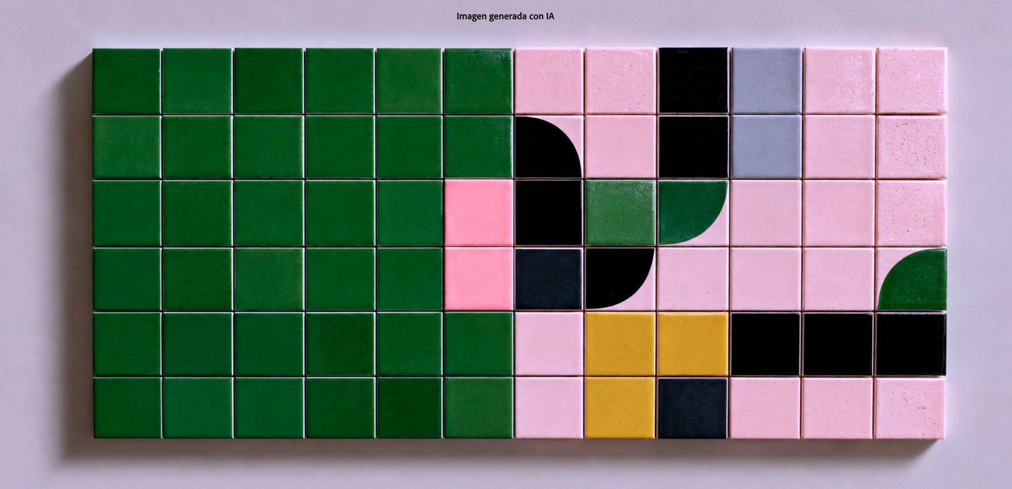 Composición abstracta formada por un mosaico de azulejos cuadrados en tonos verdes, rosas, amarillos, negros y grises, con formas geométricas decorativas.
