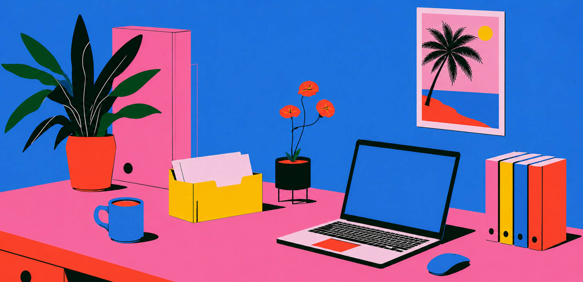 Ilustración colorida de un espacio de trabajo moderno con una estética gráfica en tonos azul, rosa, amarillo y rojo. Sobre un escritorio rosa hay un portátil abierto, un ratón, una taza, archivadores, documentos y plantas. Al fondo se ven un archivador rosa y un cuadro con una palmera junto al mar.