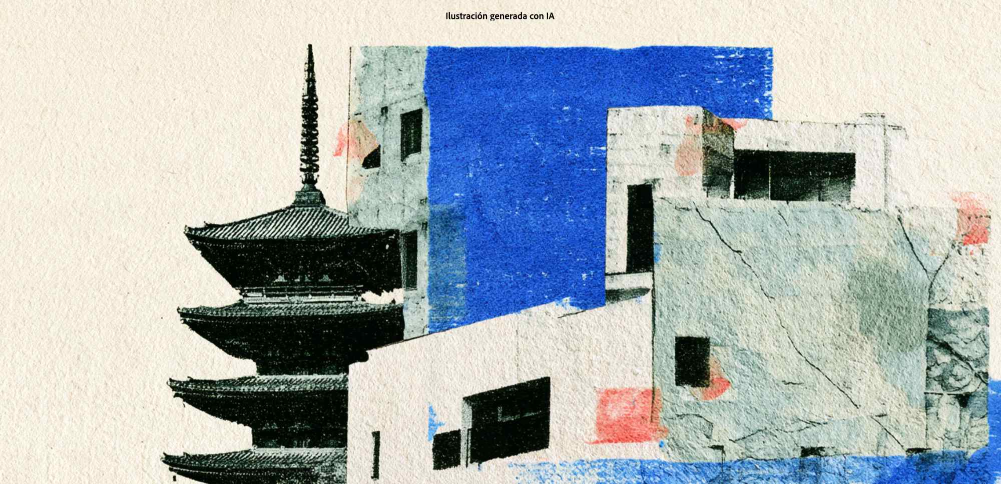 Ilustración generada con IA: collage de una pagoda japonesa junto a edificios modernos de hormigón, con manchas azules y rojas sobre papel texturizado.