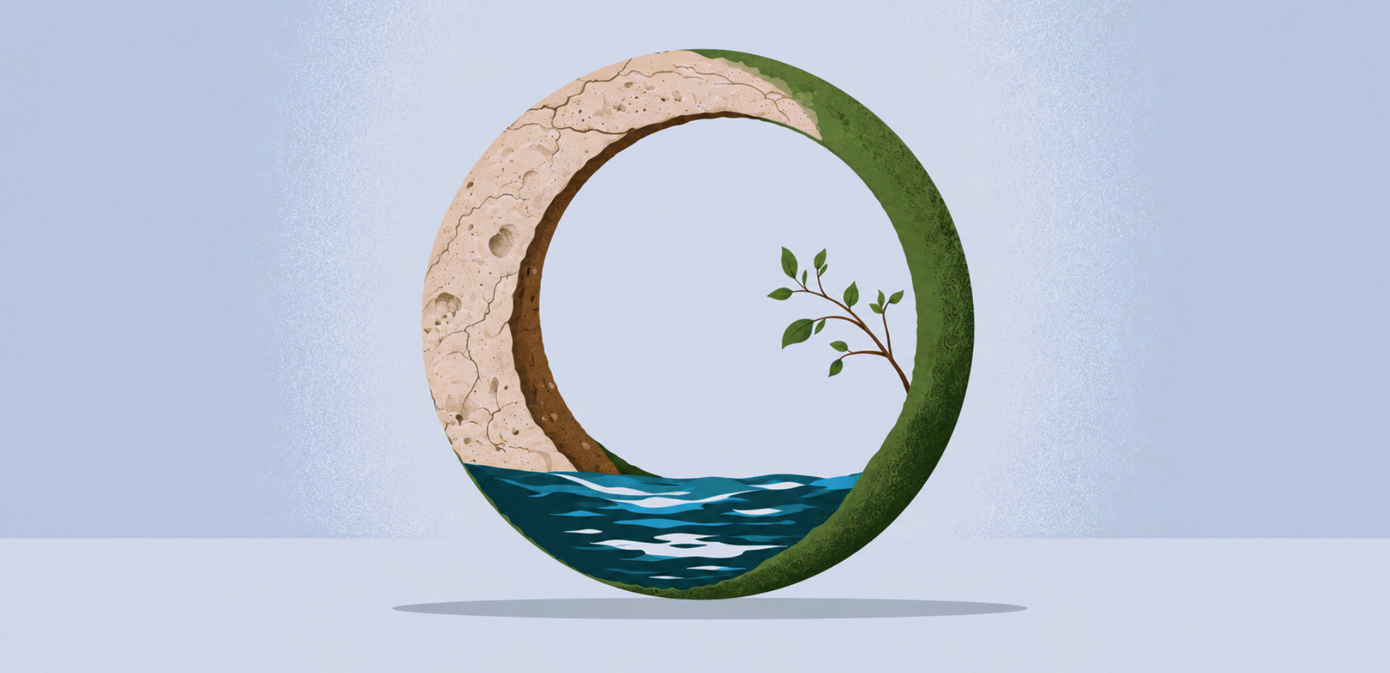 Ilustración de un círculo que representa la circularidad de los recursos, combinando suelo árido, vegetación y agua. Una rama con hojas emerge del lado verde, simbolizando la regeneración, la sostenibilidad y el equilibrio entre los ecosistemas.