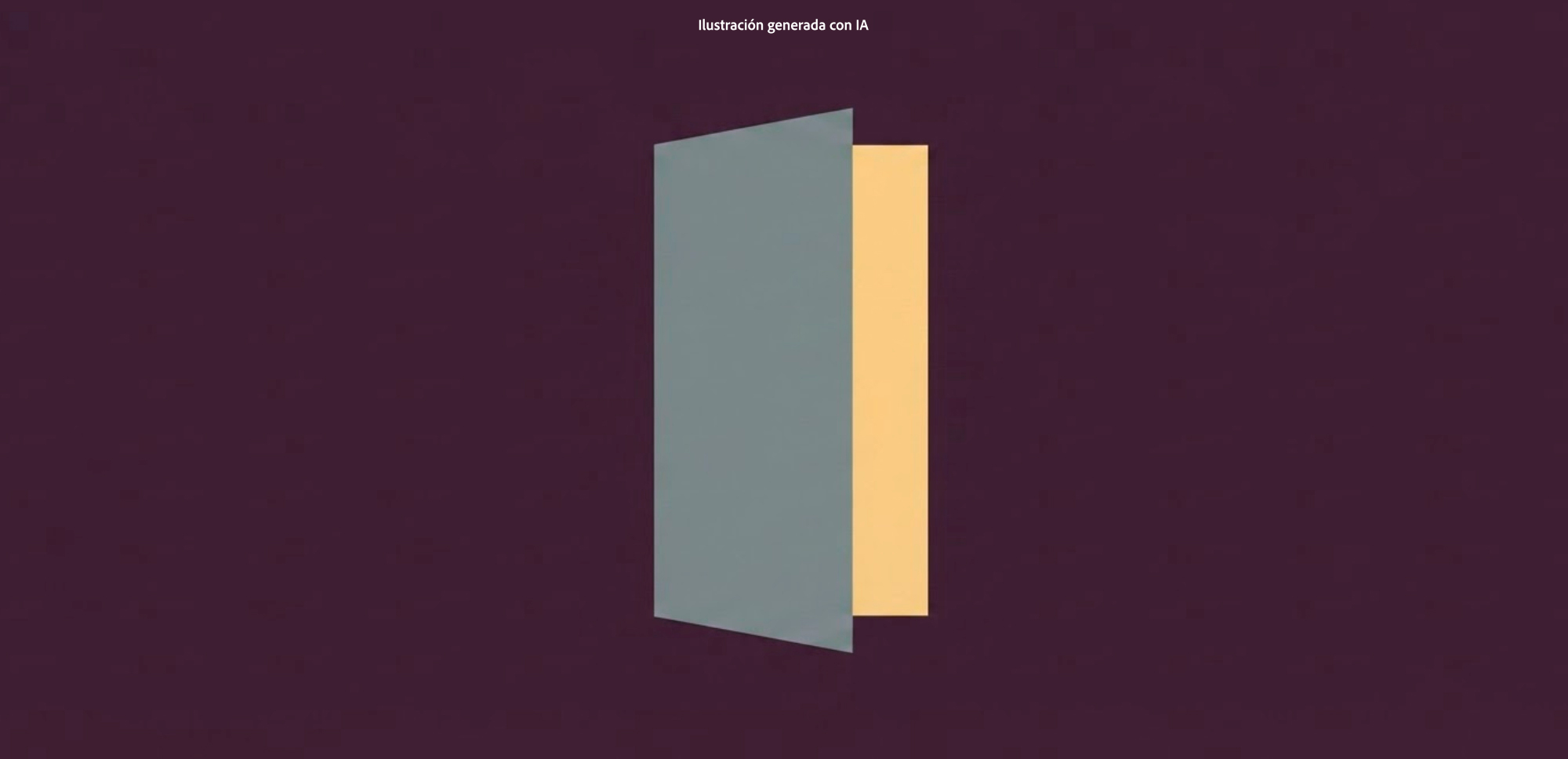 Puerta geométrica entreabierta en tonos gris y amarillo sobre fondo morado.