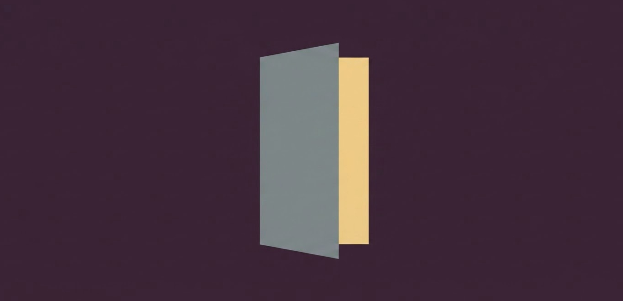 Puerta geométrica entreabierta en tonos gris y amarillo sobre fondo morado.
