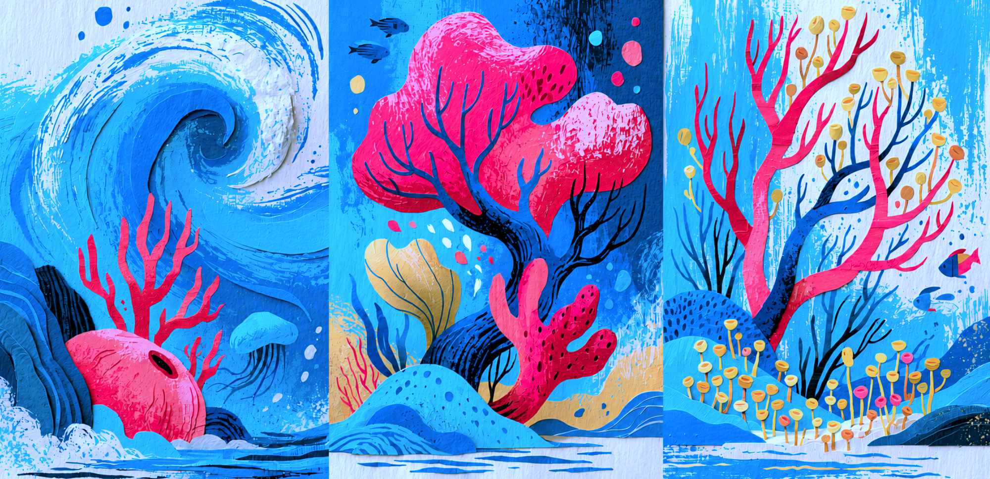 Ilustración de un arrecife de coral con corales de colores y olas del océano, representando la biodiversidad marina amenazada por el blanqueamiento y el cambio climático.