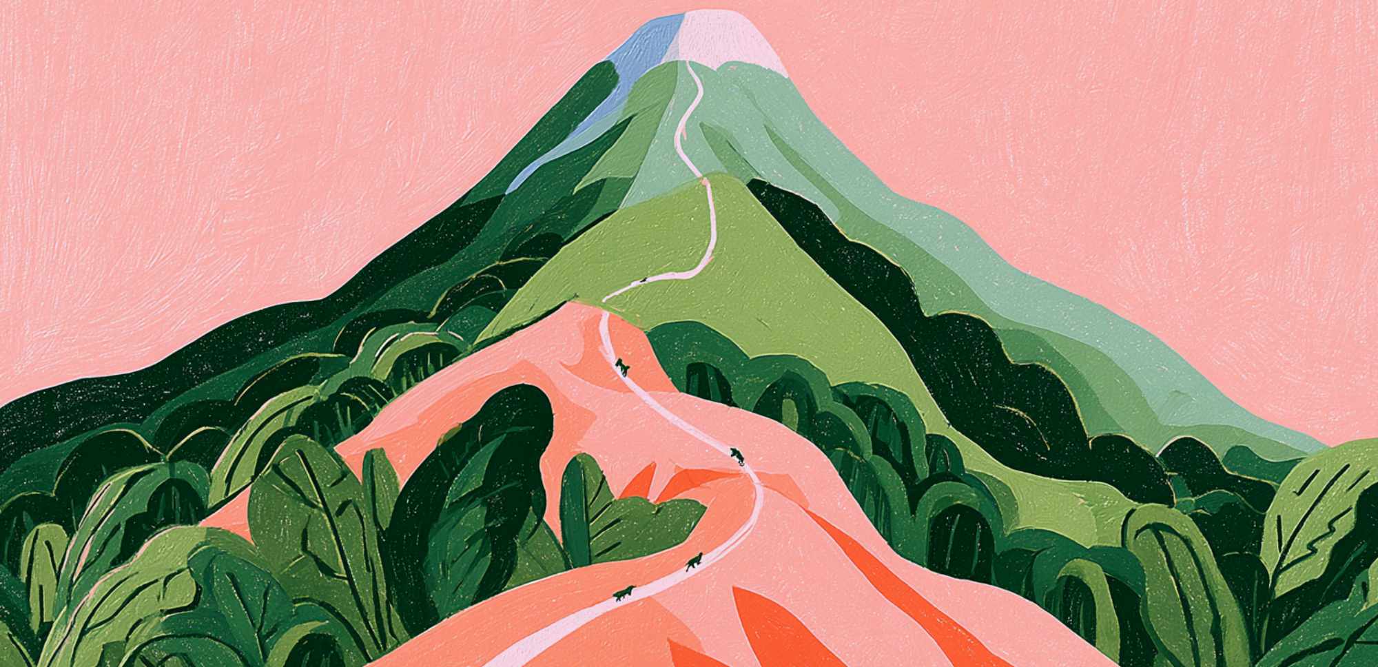 Ilustración artística de una montaña cubierta de vegetación en distintos tonos de verde, con senderos rosados que serpentean por las laderas y pequeñas figuras de animales. El paisaje está representado con formas orgánicas y colores planos sobre un fondo rosa coral.
