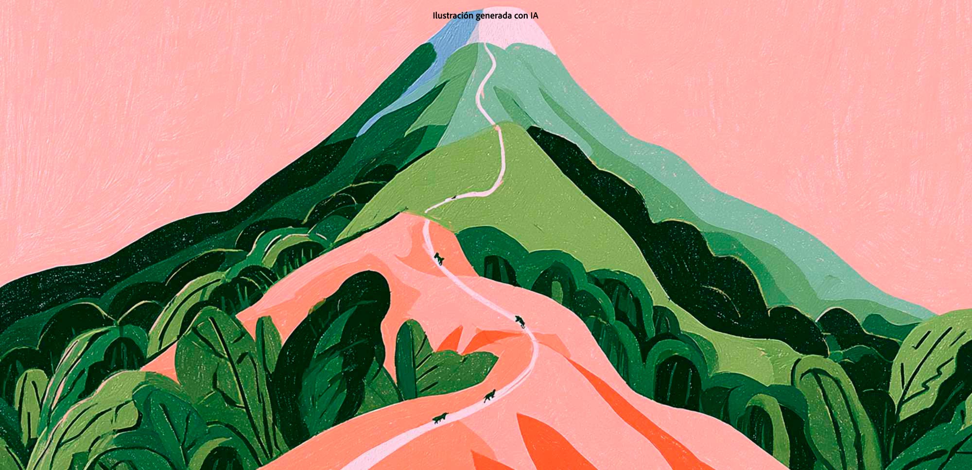 Ilustración artística de una montaña cubierta de vegetación en distintos tonos de verde, con senderos rosados que serpentean por las laderas y pequeñas figuras de animales. El paisaje está representado con formas orgánicas y colores planos sobre un fondo rosa coral.